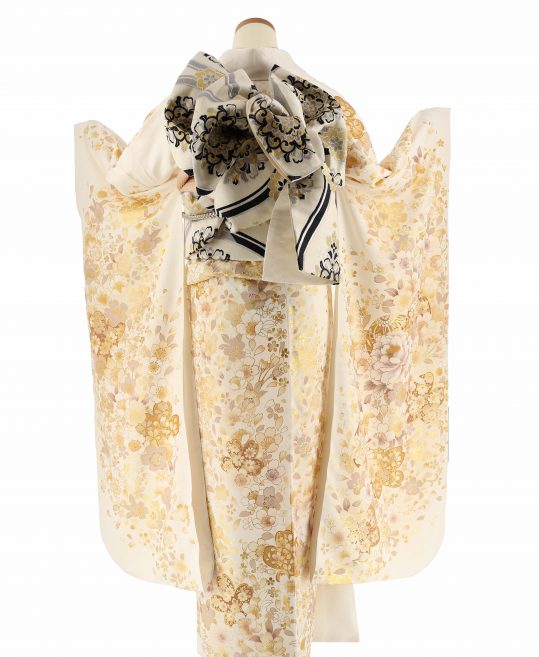 参列振袖[キレイ系]白にベージュゴールド藤色の花と毬[身長170cmまで]No.1099